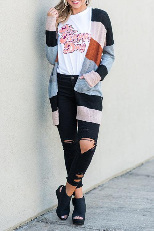 Knitwear Long Round neck Stitching Rainbow Striped Cardigan-Pinkami