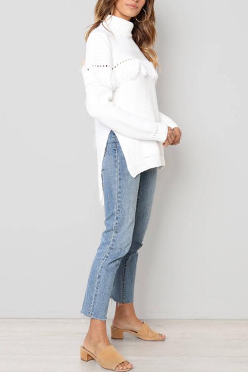 Lrregular Tassel Turtleneck Pullover-Pinkami