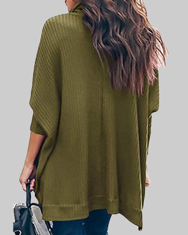 Solid Split Hem High Neck Sweater-Pinkami