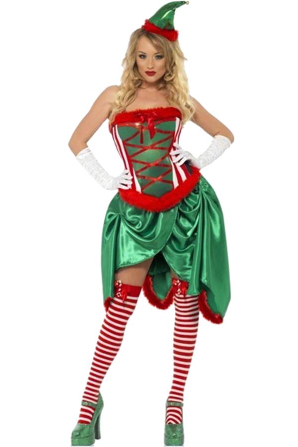 Sexy Elf Dress Adult Christmas Santa Helper Costume Green-Pinkami