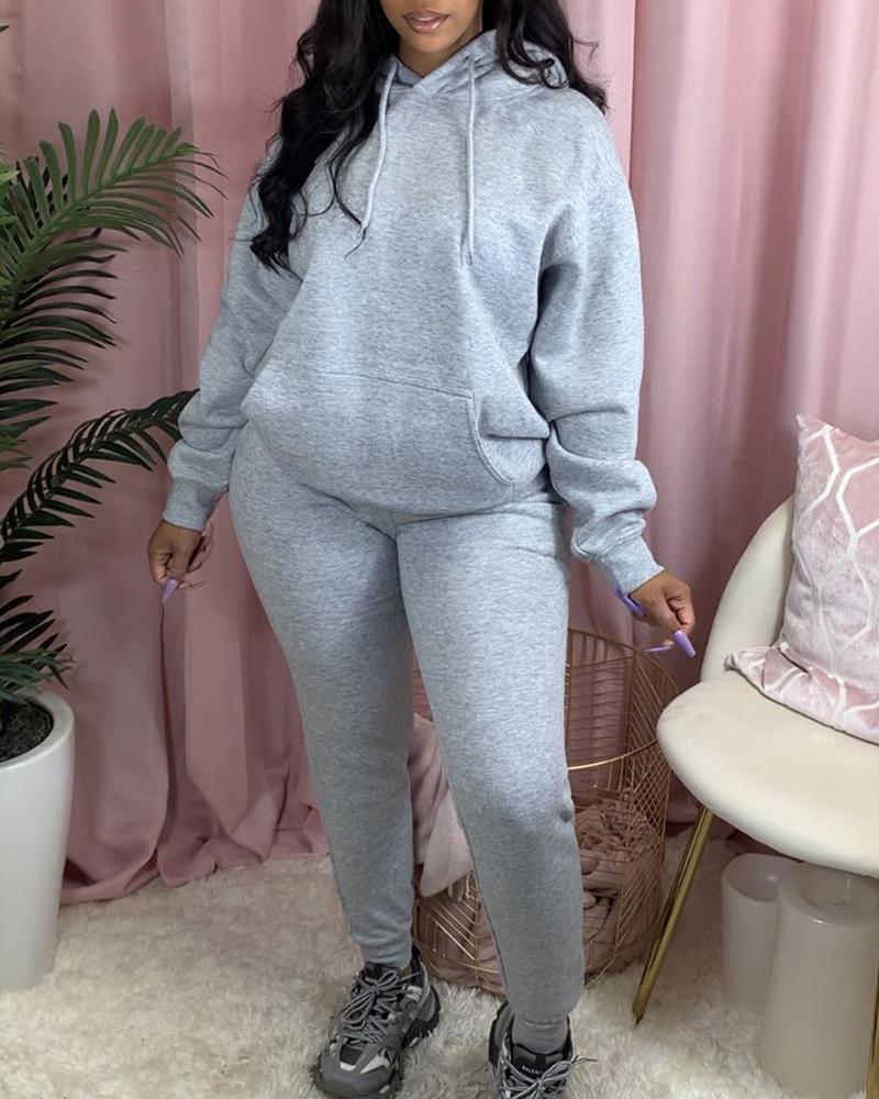 Solid Kangaroo Pocket Drawstring Hoodie & Pants Set-Pinkami