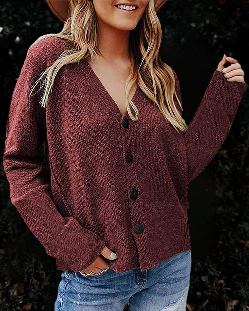 Solid Topstitching Button Up V Neck Sweater-Pinkami