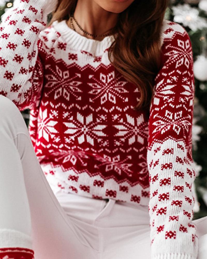 Snowflake Print Rib-Knit Round Neck Sweater-Pinkami