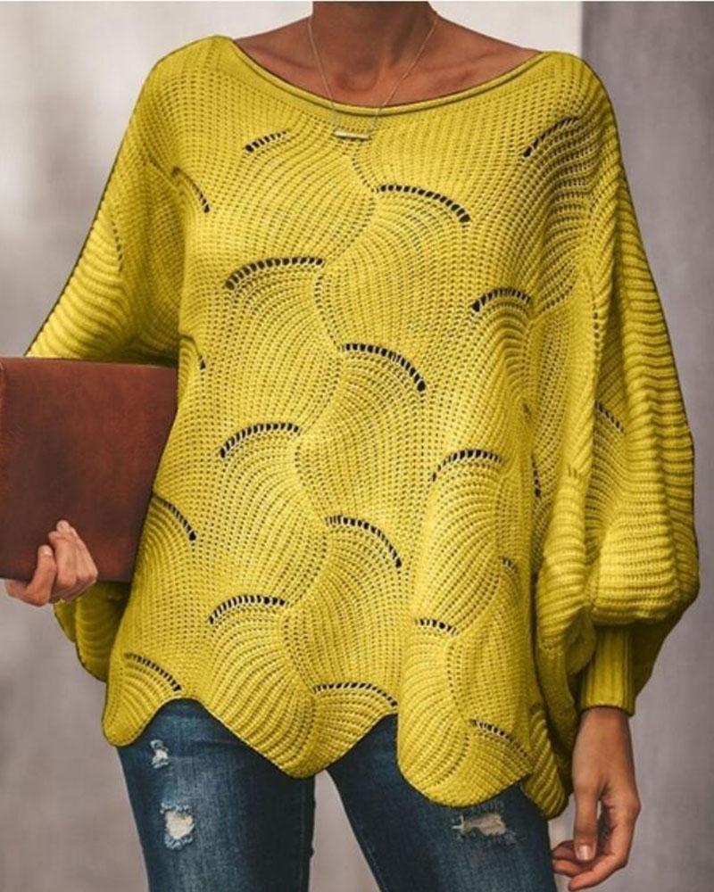 Solid Hollow Out Asymmetrical Hem Boat Neck Sweater-Pinkami