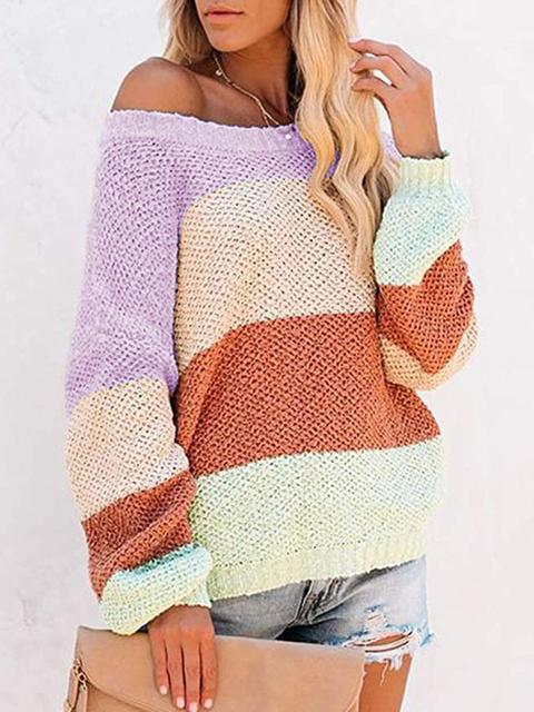 Color Block Off-shoulder Lightweight Sweater-Pinkami