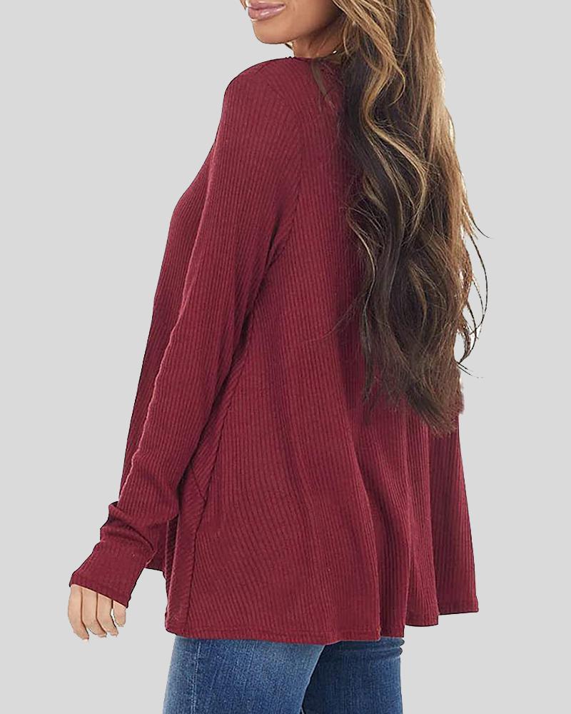 Button Front Rib-Knit V Neck Sweater