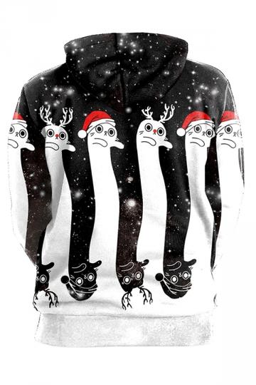 Womens Kangaroo Pocket Reindeer Printed Christmas Hoodie Dull Black-Pinkami