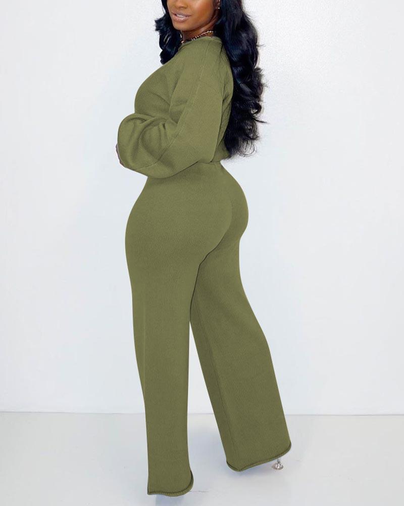 Ribbed Drawstring Waist Top & Wide Leg Pants Set-Pinkami