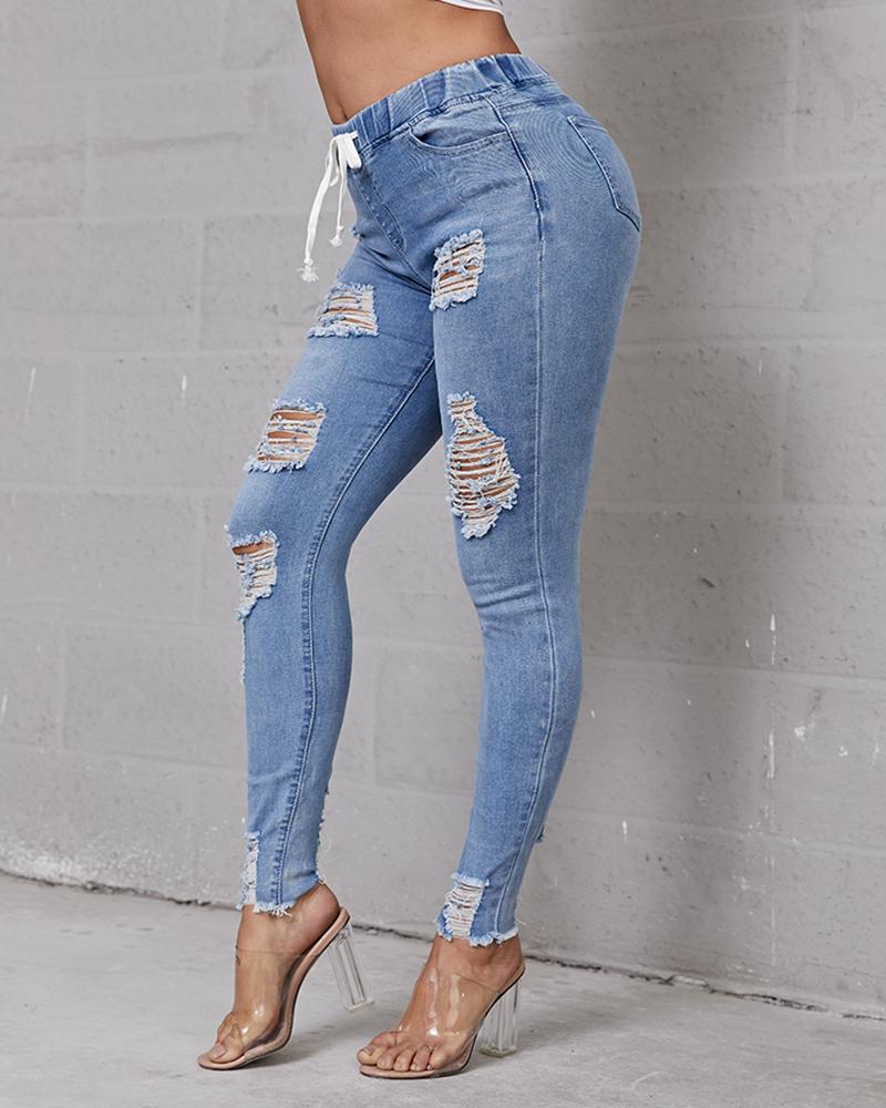 Women Plus Extreme Distressed Drawstring Waist Jeans-Pinkami