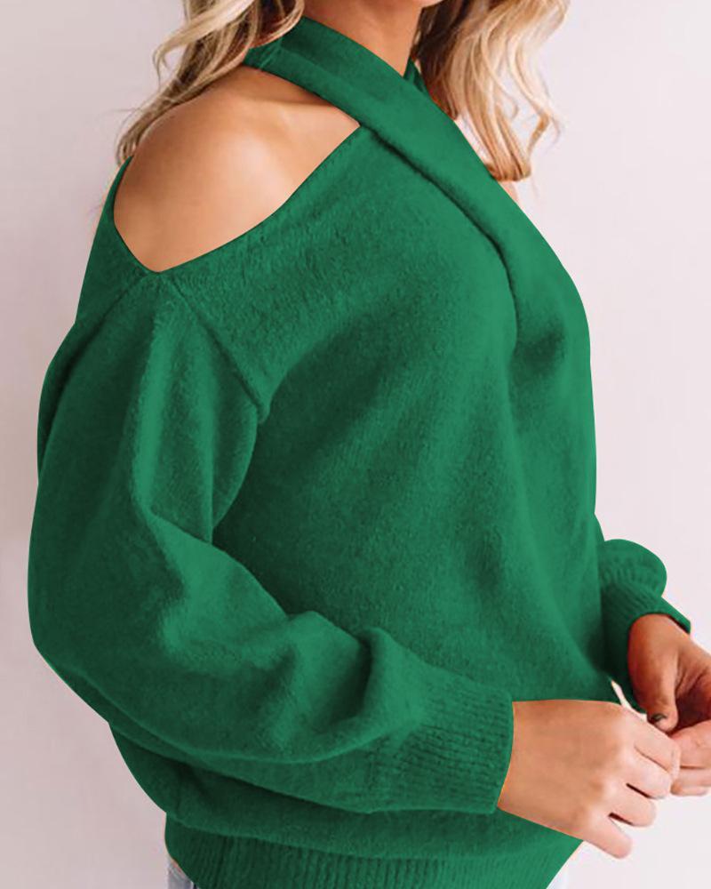 Solid Cold Shoulder Rib Knit Sweater-Pinkami