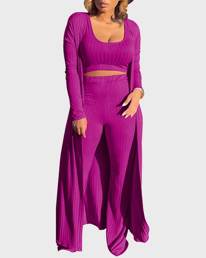 Solid Rib-Knit Crop Top & Pants Set With Coat-Pinkami