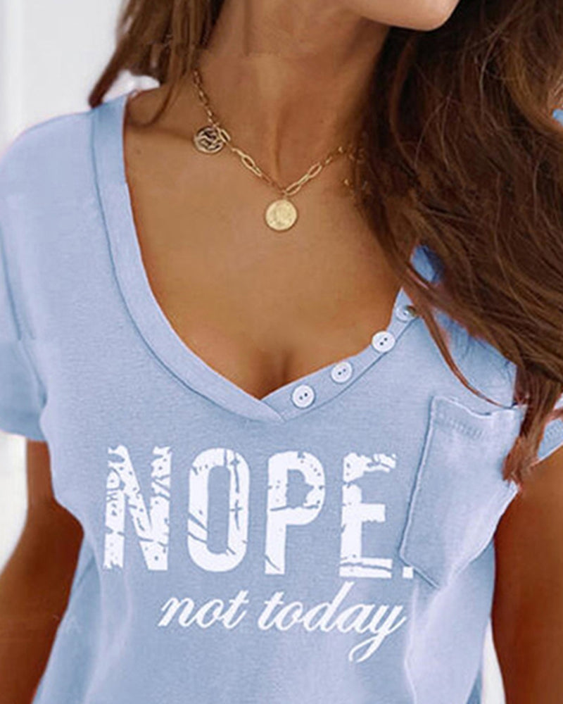 Letter Print Button Decor Patched Pocket T-Shirt-Pinkami