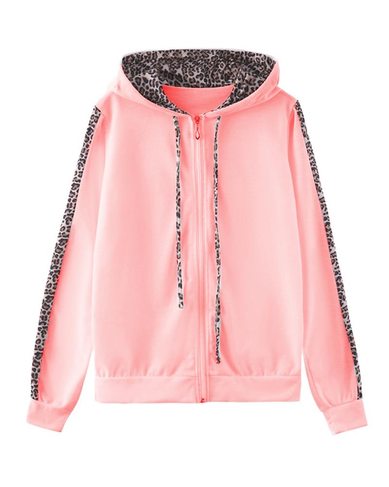 Leopard Print Zip Up Hooded Jacket & Pants Set-Pinkami