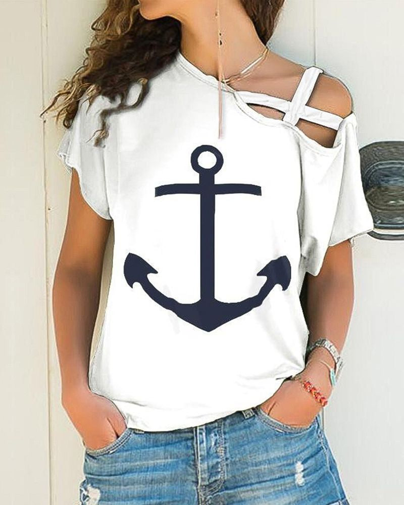 Sign Print Criss Cross Asymmetrical Neck T-Shirt-Pinkami