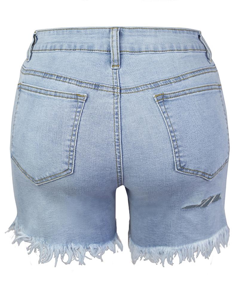 Women Ripped Raw Hem Pocket Detail Denim Shorts-Pinkami