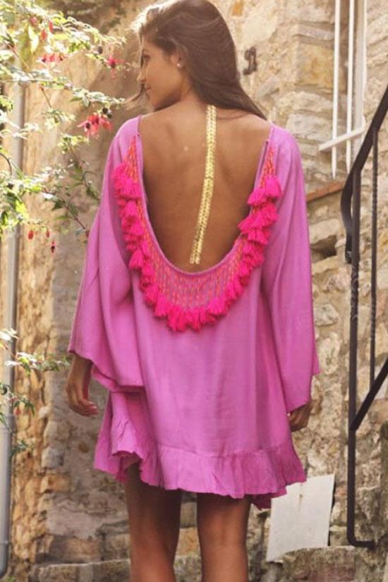 Sexy Fringe Self Tie Back Cover Up-Pinkami