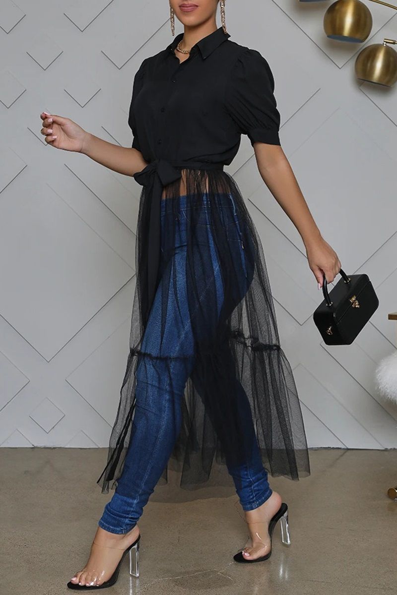 Pleated Contrast Mesh Maxi Shirt Dress