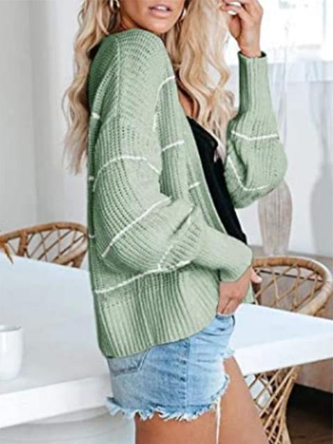 Striped Long Sleeve Loose Sweater Cardigan-Pinkami