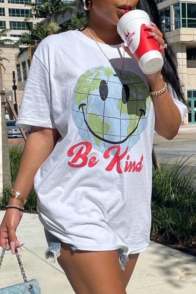 Smile Face & Letter Print Round Neck T-Shirt-Pinkami