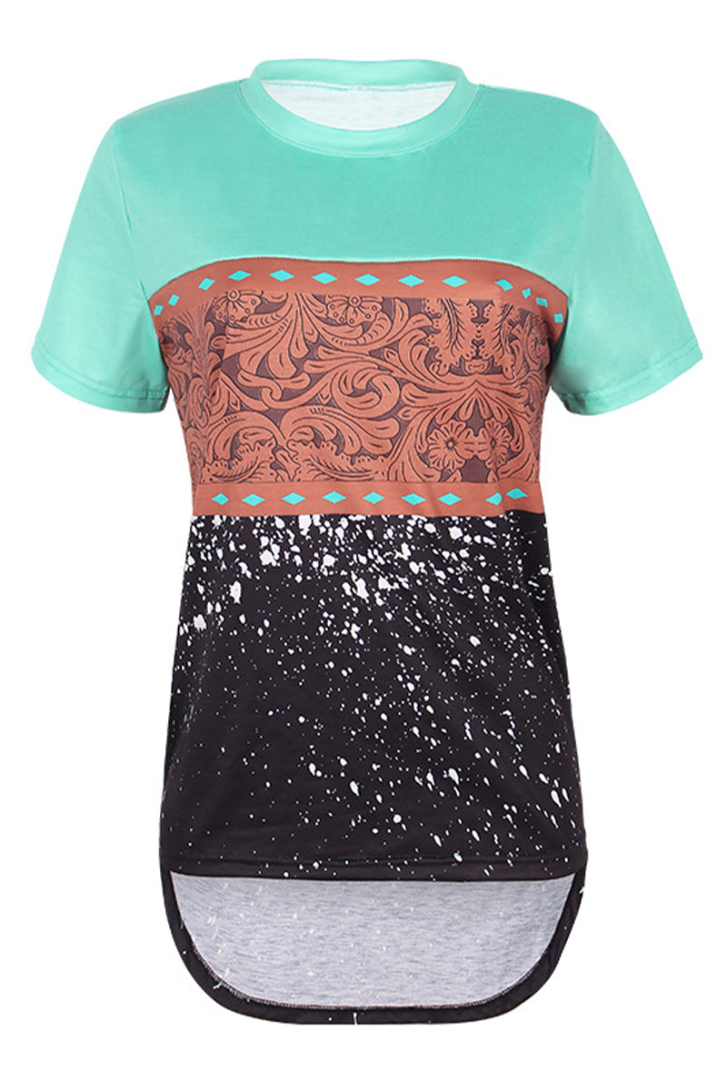 Tribal & Leopard Print Round Neck T-Shirt-Pinkami