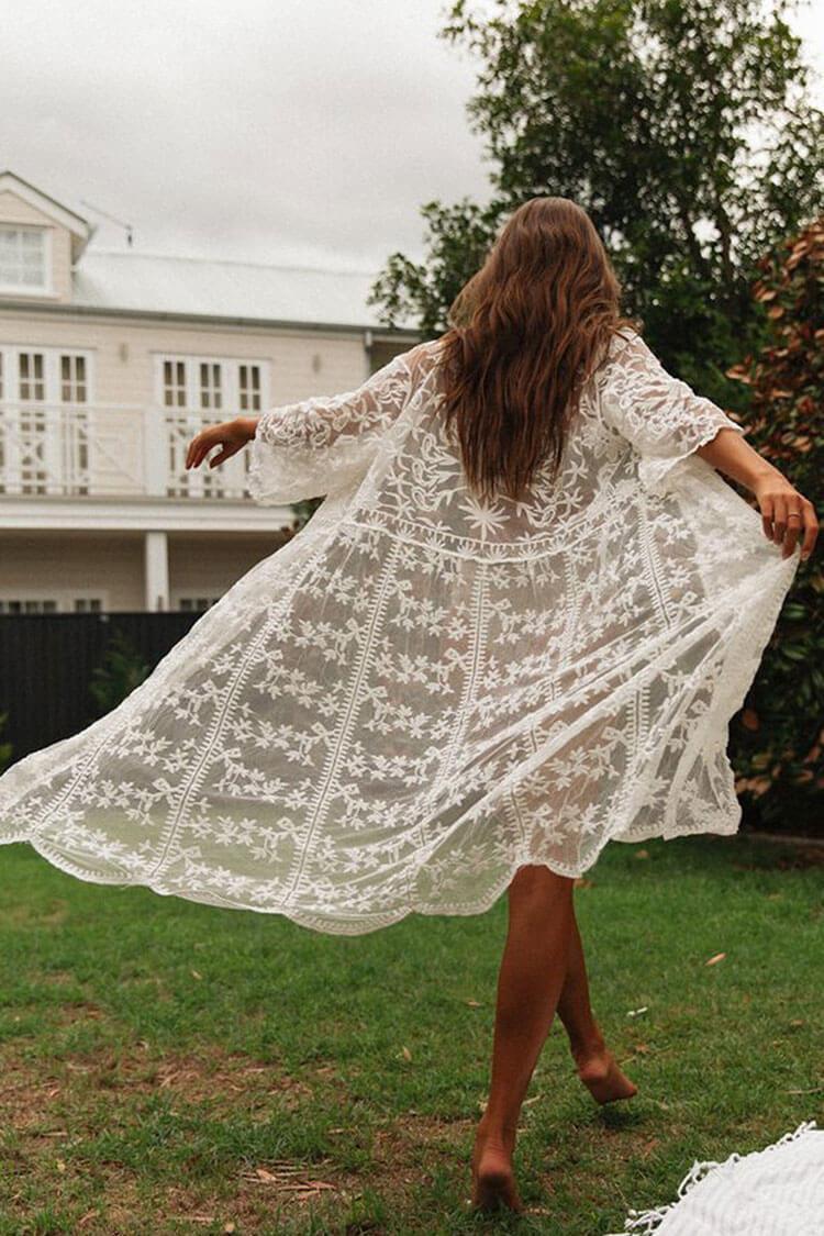 Scalloped Crochet Lace Half Sleeve Sheer Maxi Cover Up-Pinkami