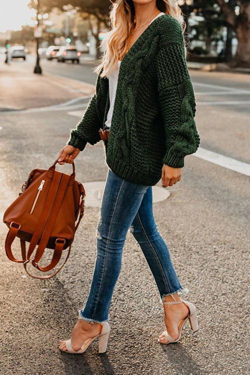 Loose Long-sleeved Twist Knit Sweater Big Twisted Rope Cardigan-Pinkami