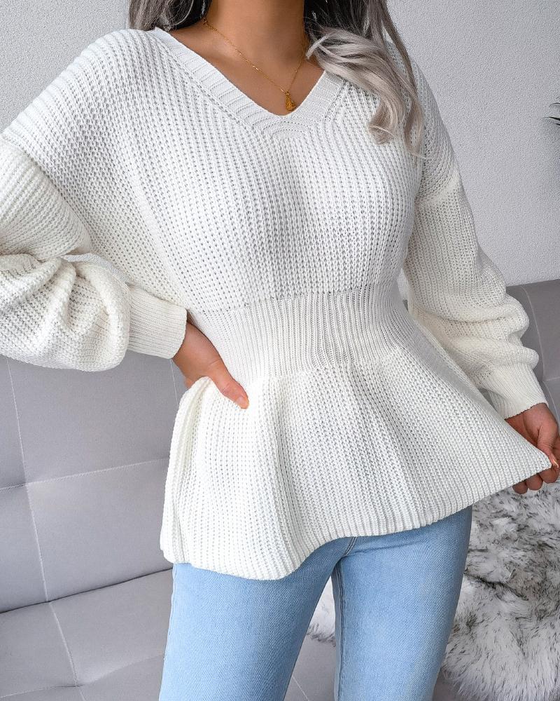 Peplum Ruffle Trim Rib-Knit Sweater-Pinkami