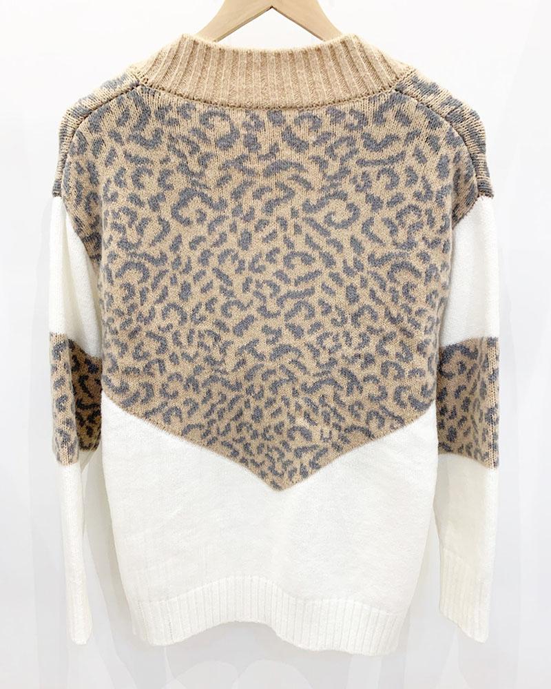 Colorblock Leopard Print Overlap Collar Sweater-Pinkami