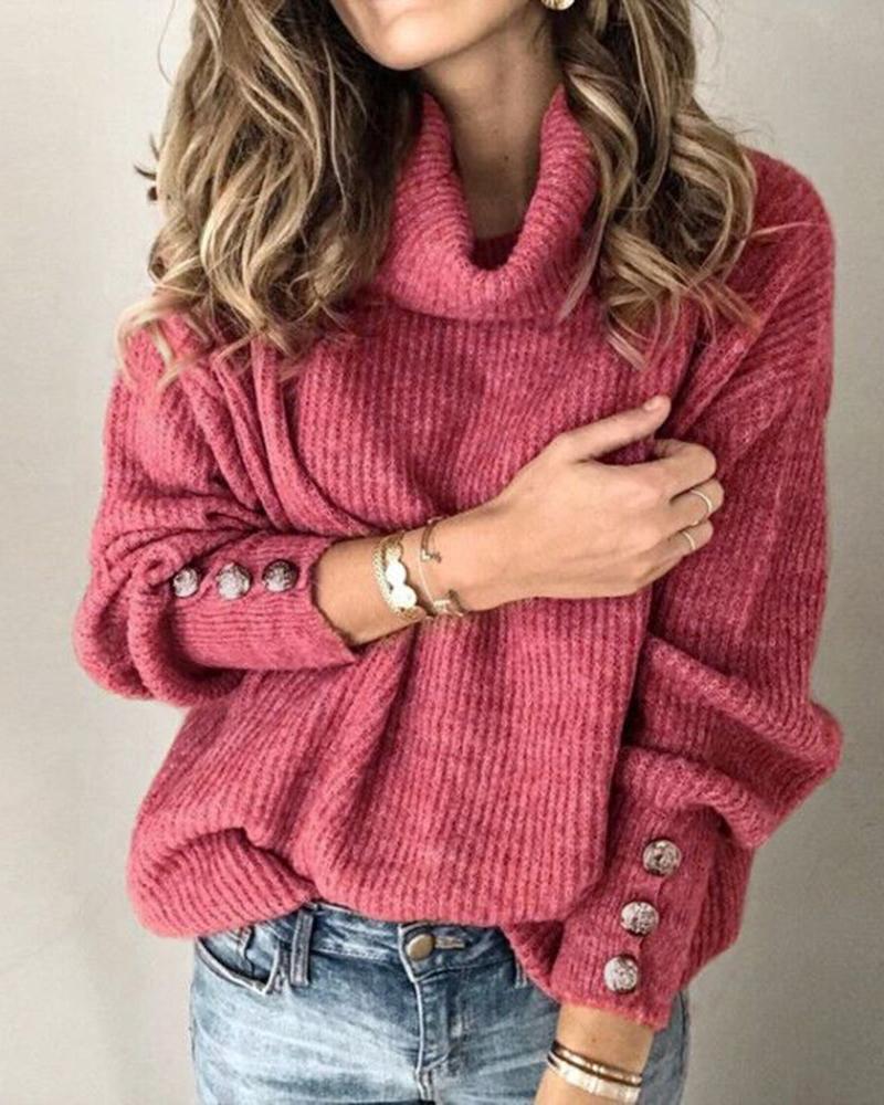 Solid Button Detail Ribbed High Neck Sweater-Pinkami