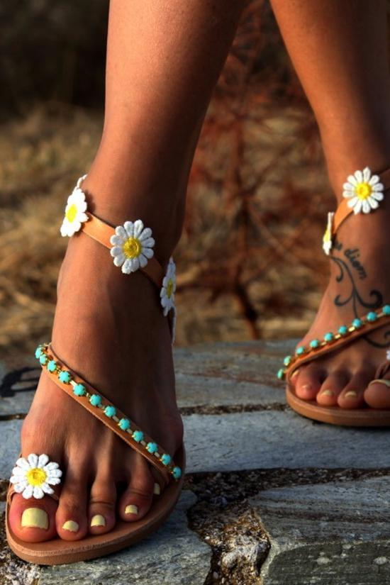Boho Bead Daisy Embellished Flat Sandals-Pinkami