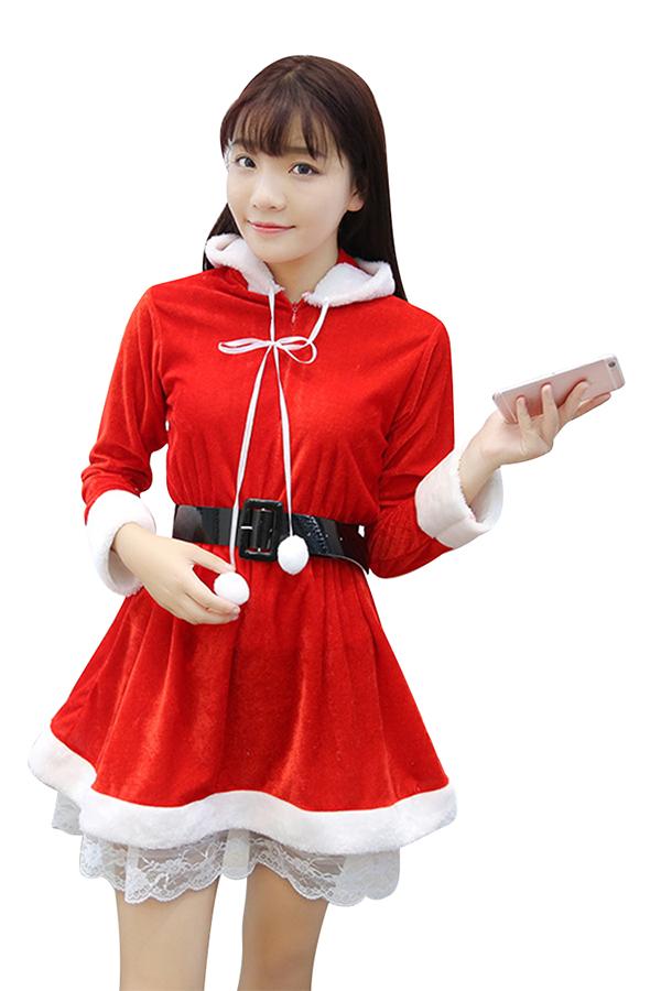 Cute Girl Hooded Long Sleeve Lace Dress Christmas Santa Costume Red-Pinkami