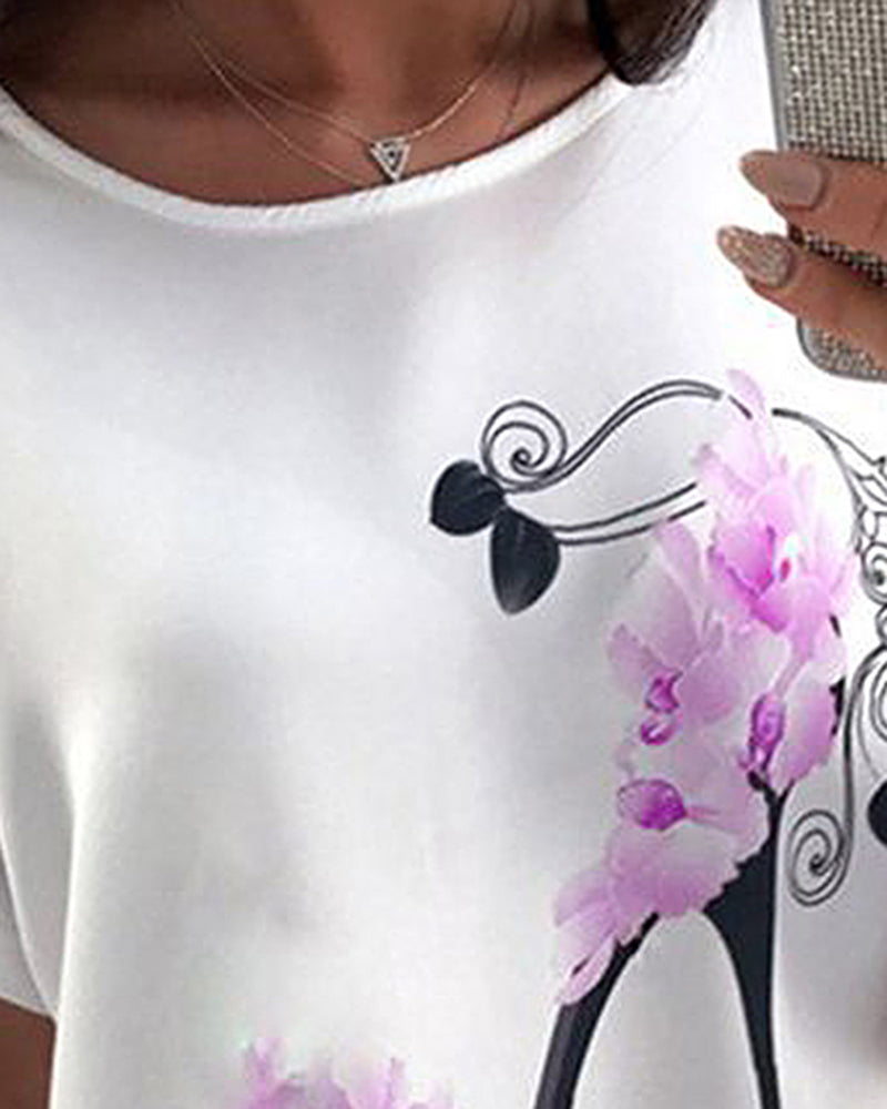 Floral & High Heel Print Drop Shoulder T-Shirt-Pinkami