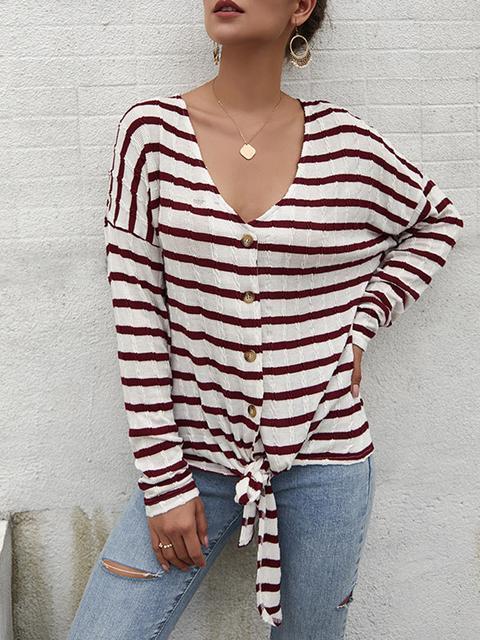 Striped Pattern Button Strap Knit Cardigan-Pinkami