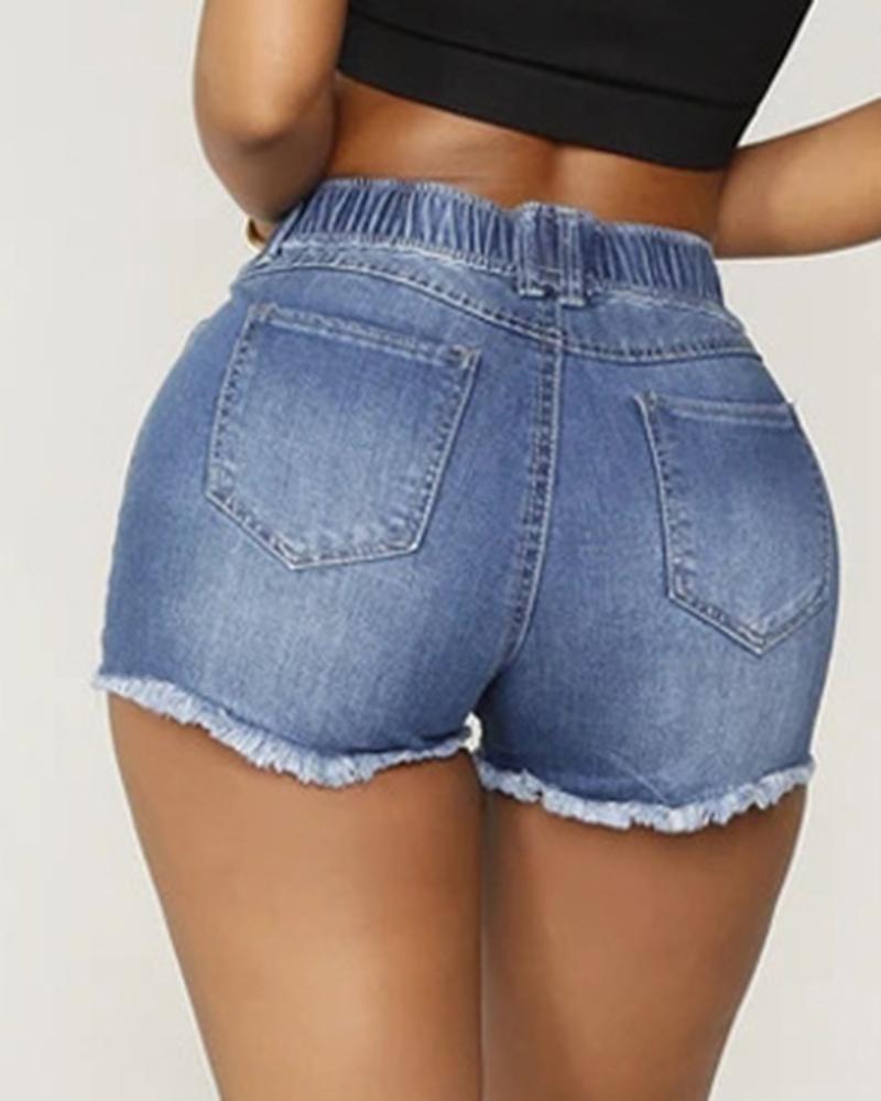 Women Drawstring Raw Edge High Waist Denim Short-Pinkami