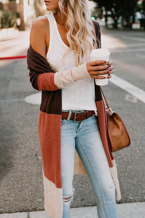 Splicing Contrast Cardigan-Pinkami