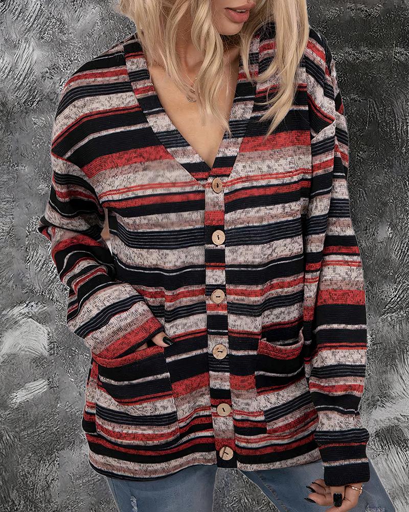 Striped Button Up Dual Pocket Sweater-Pinkami