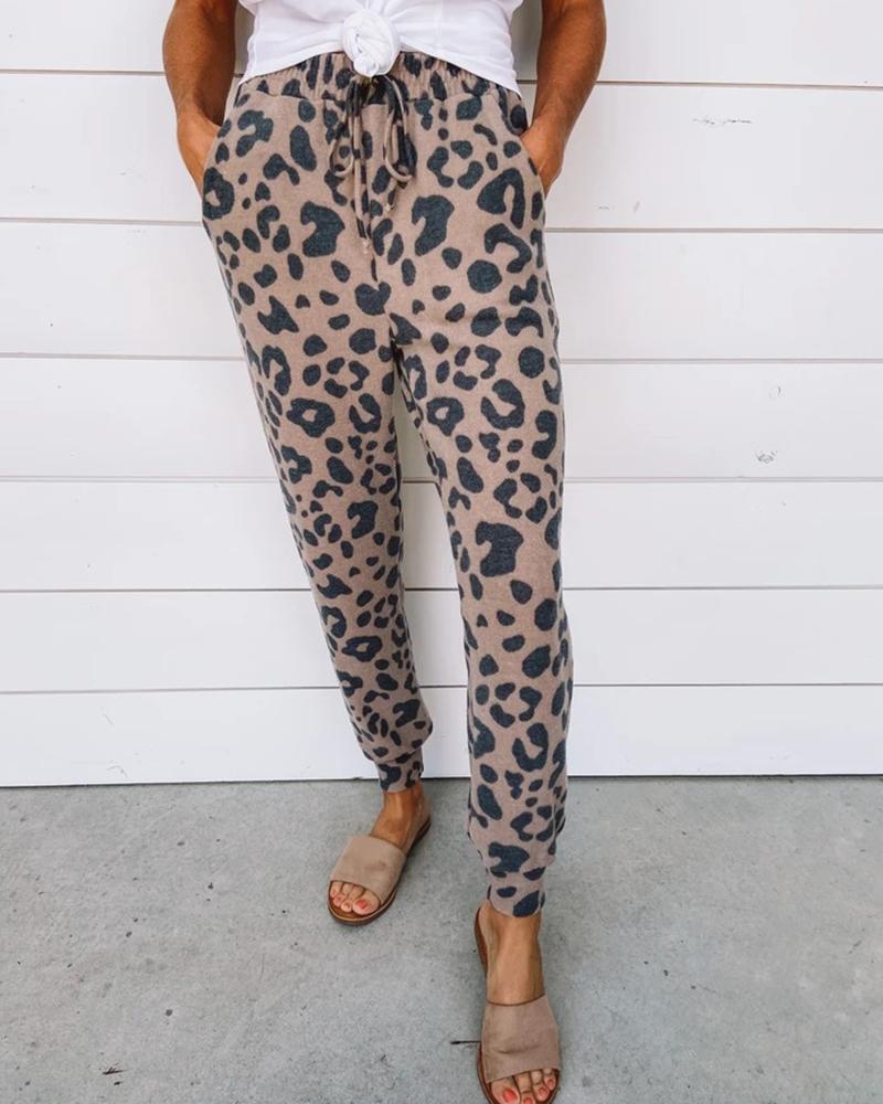 Allover Print Drawstring Waist Slant Pocket Pants For Women-Pinkami