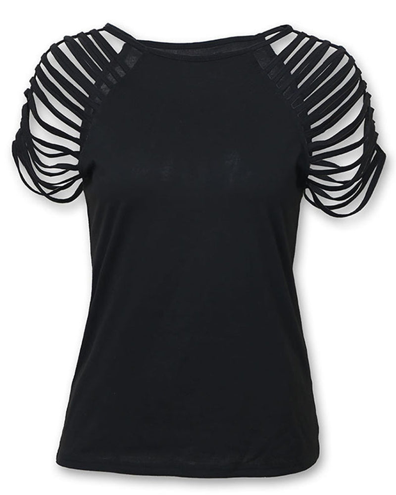 Solid Strappy Hollow Out T-Shirt-Pinkami