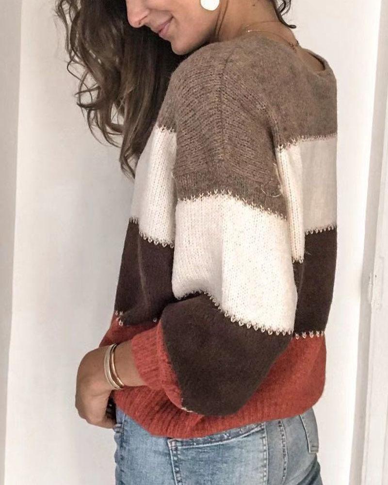 Colorblock Drop Shoulder Ribbed Knit Sweater-Pinkami