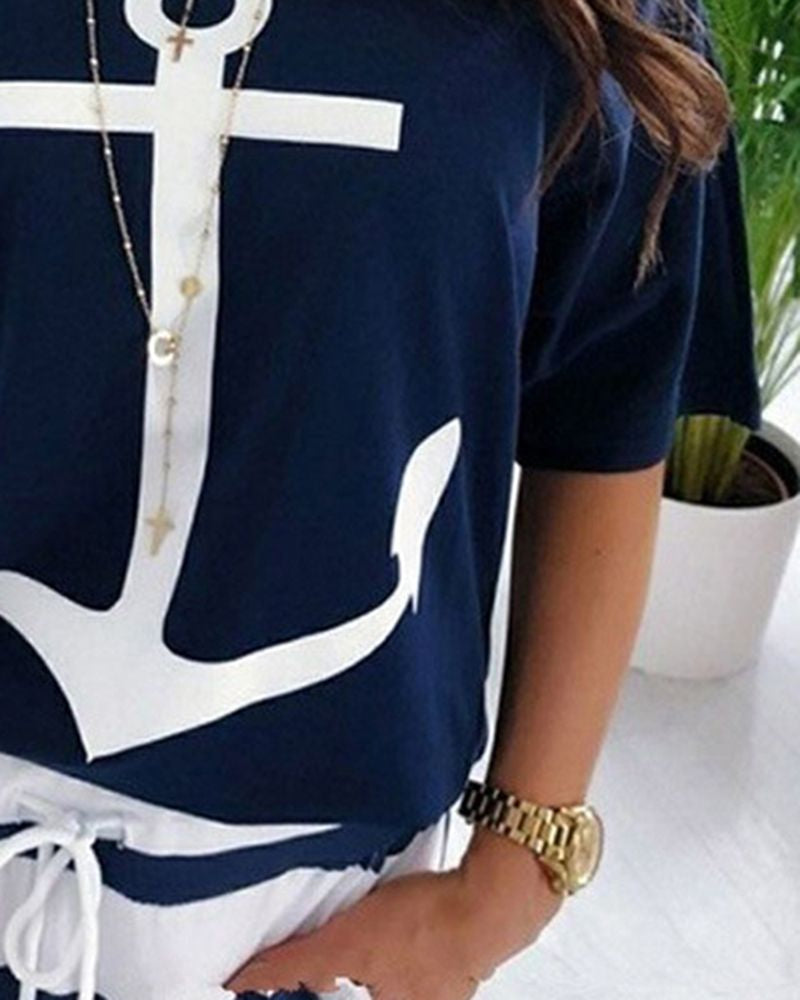 Anchor Print Half Sleeve Off Shoulder T-Shirt-Pinkami