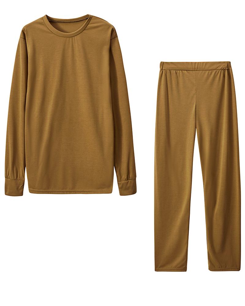 Solid Round Neck Tee & Pants Set-Pinkami