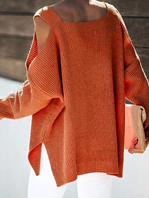 Solid Color Cold shoulder Knit Sweater-Pinkami