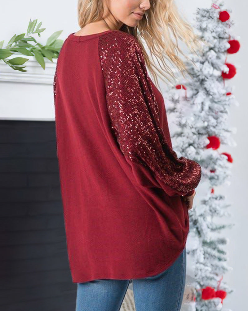 Solid Sequin Raglan Sleeve Oversized T-Shirt-Pinkami