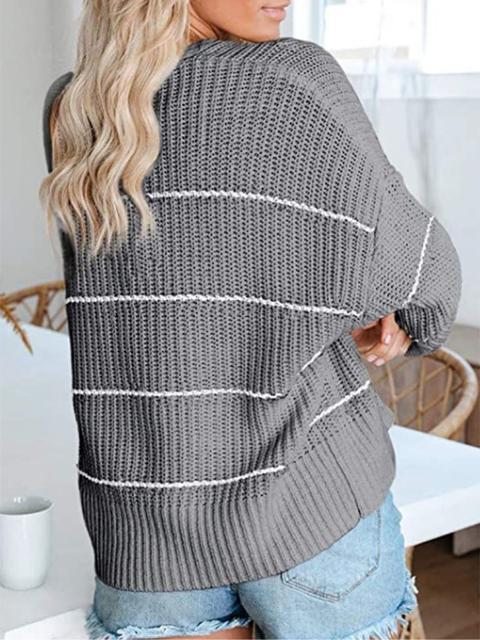 Striped Long Sleeve Loose Sweater Cardigan-Pinkami