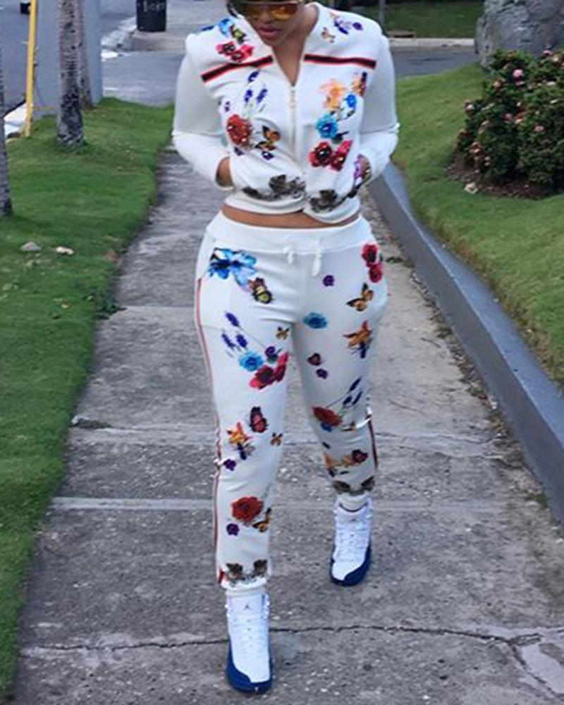 Striped & Butterfly Print Drawstring Waist Zip Up Jacket & Pants Set-Pinkami