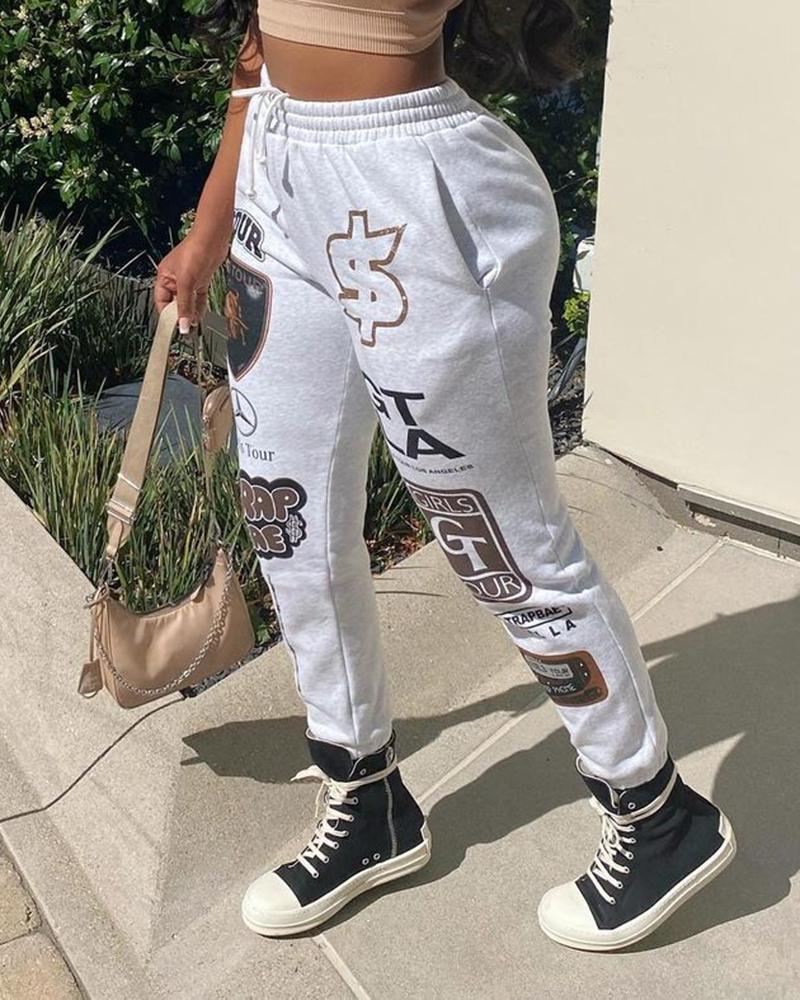 Letter & Graphic Print Drawstring Waist Slant Pocket Sports Pants For Women-Pinkami