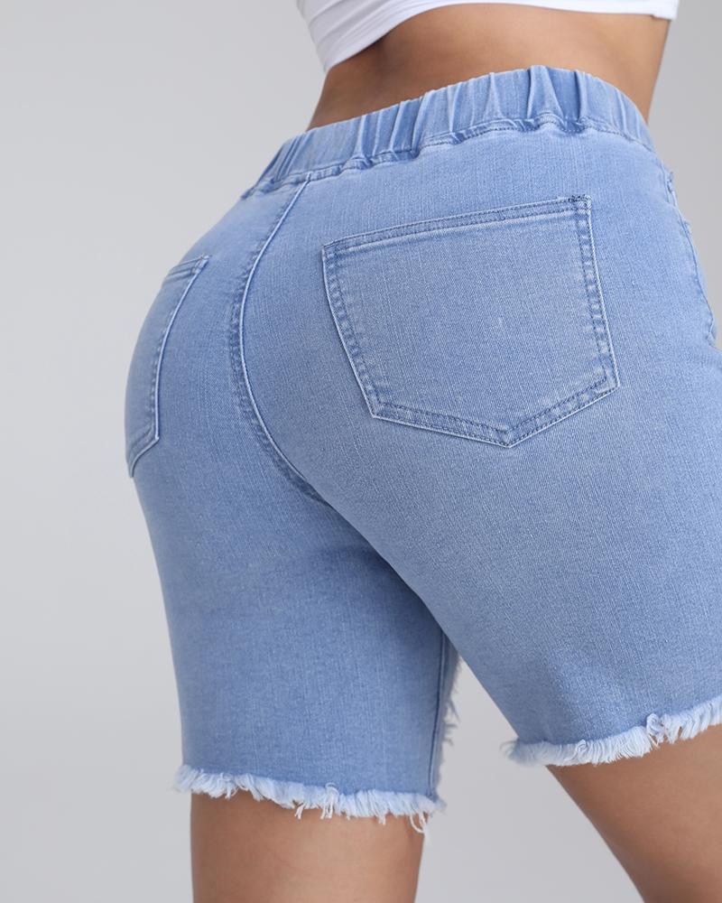 Women Drawstring Waist Distressed Raw Hem Denim Shorts-Pinkami