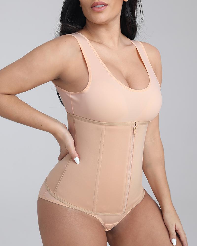 Solid Zip Up Front Shapewear Corset-Pinkami