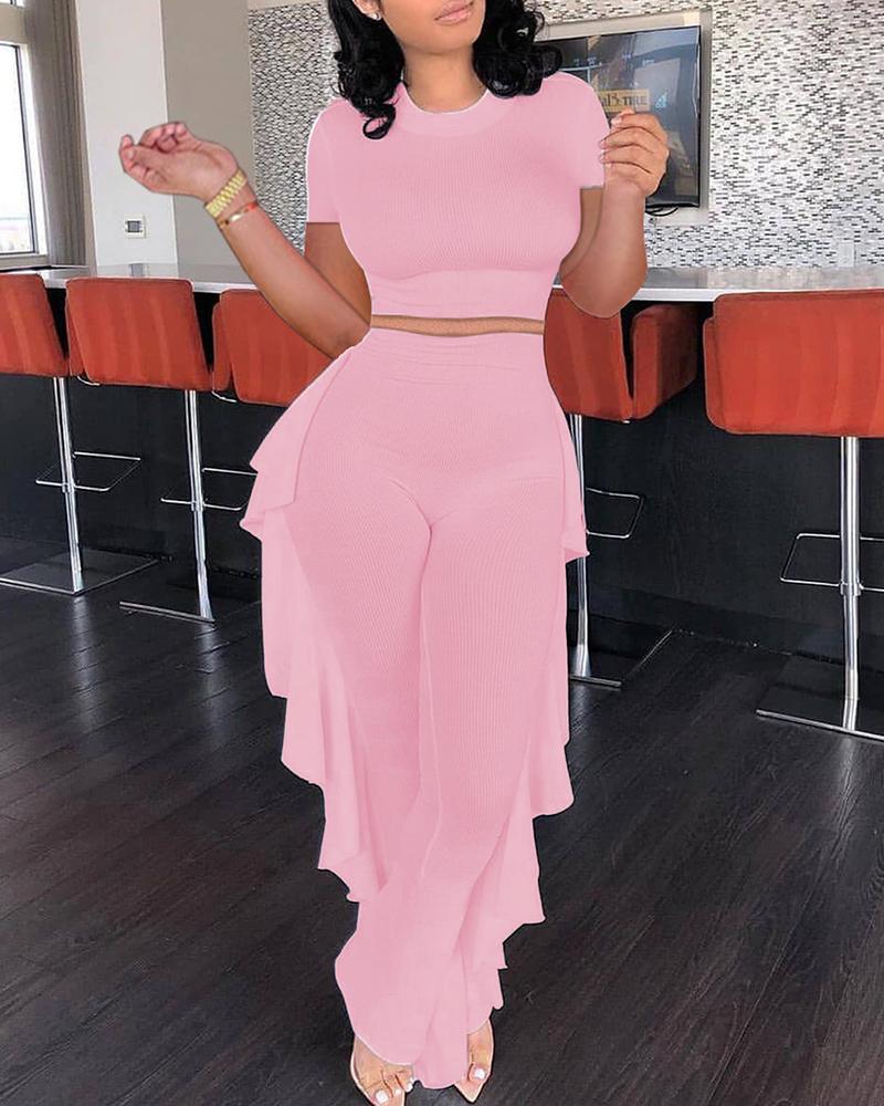 Ribbed Ruffle Trim Crop Top & Pants Set