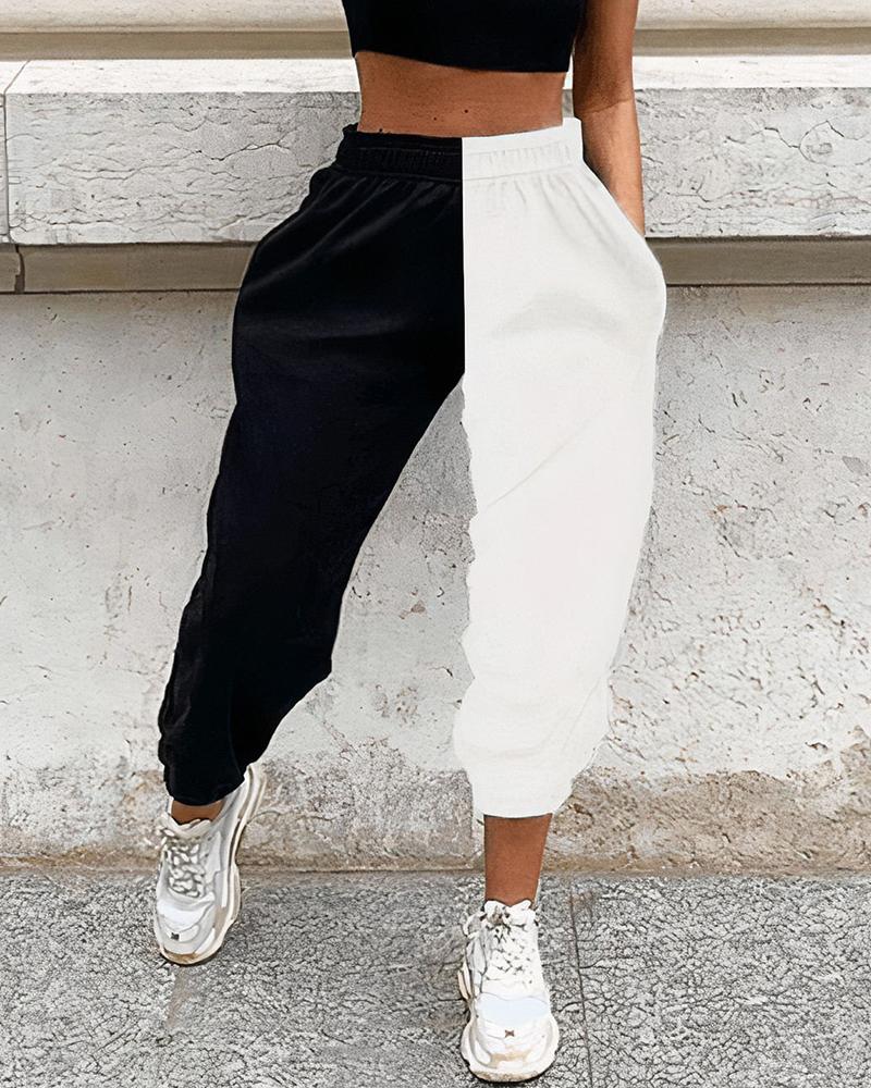 Slant Pokcet Elastic Waist Straight Leg Sports Pants For Women-Pinkami